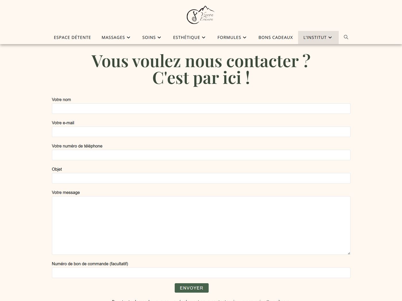 Page contact du site : titre « Vous voulez nous contacter ? C’est par ici ! » et formulaire avec nom, e-mail, téléphone, objet et message